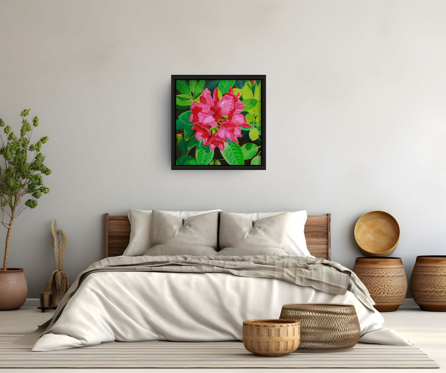 Éclat de Rhododendron canvas print by Nelleke Bruno — side view showing black frame and canvas depth.