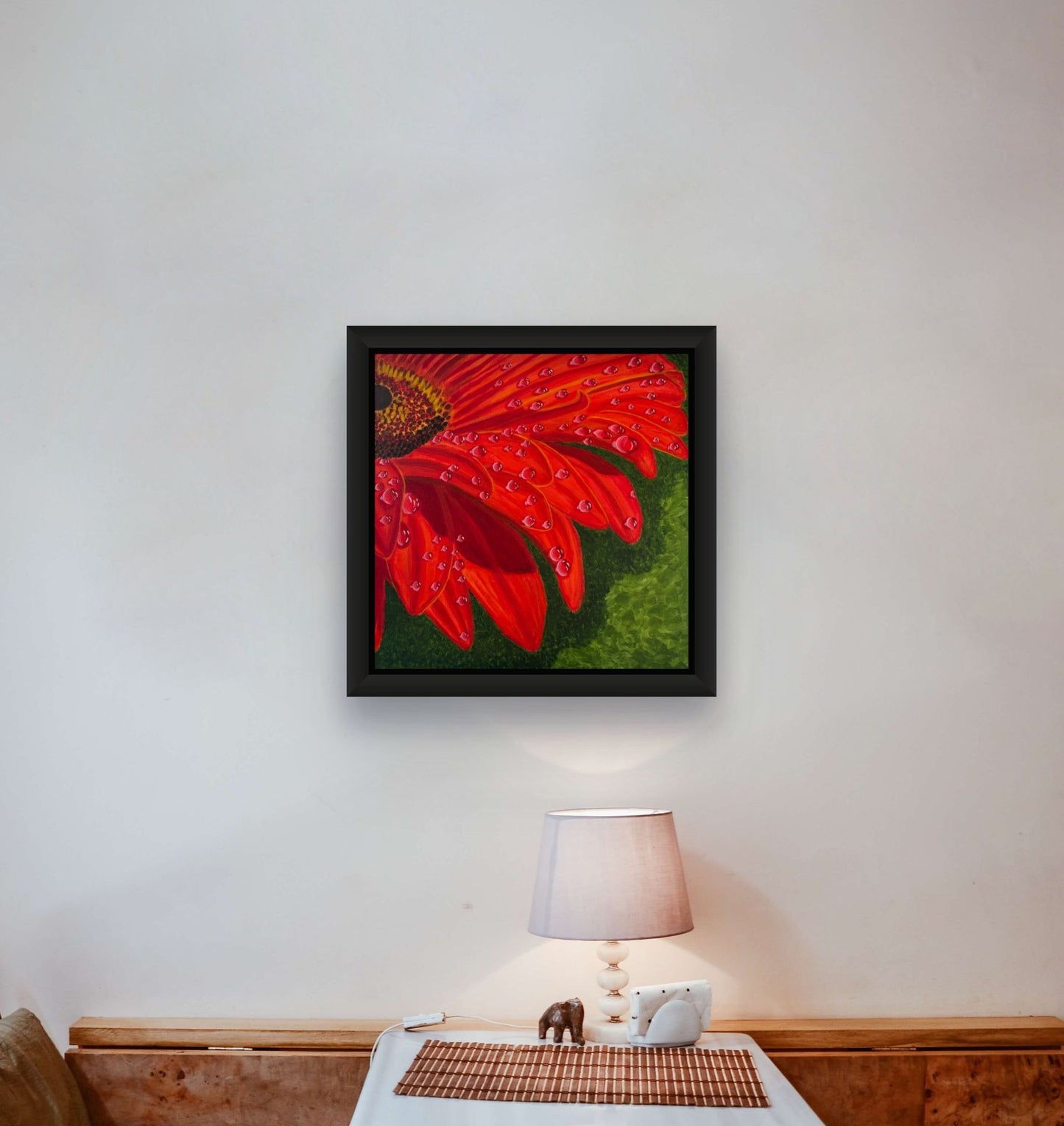 Éclat de Gerbera canvas print by Nelleke Bruno featuring a vibrant red gerbera with expressive brushstrokes and rich green foliage