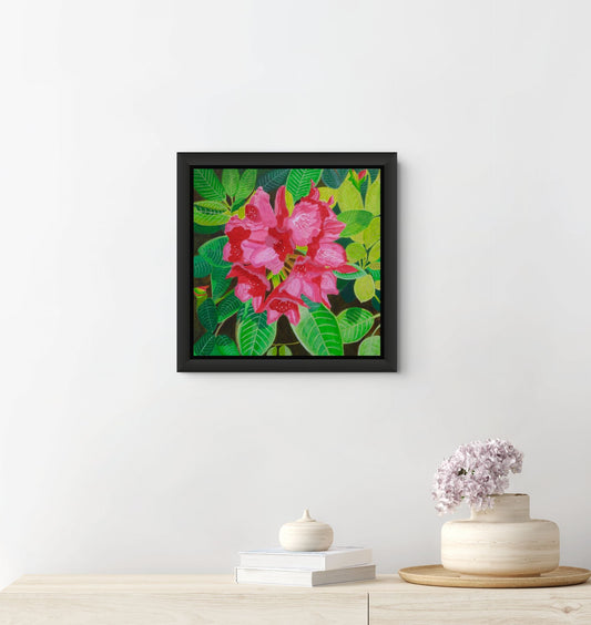 Éclat de Rhododendron canvas print by Nelleke Bruno featuring vibrant pink rhododendron blossoms surrounded by lush green foliage.