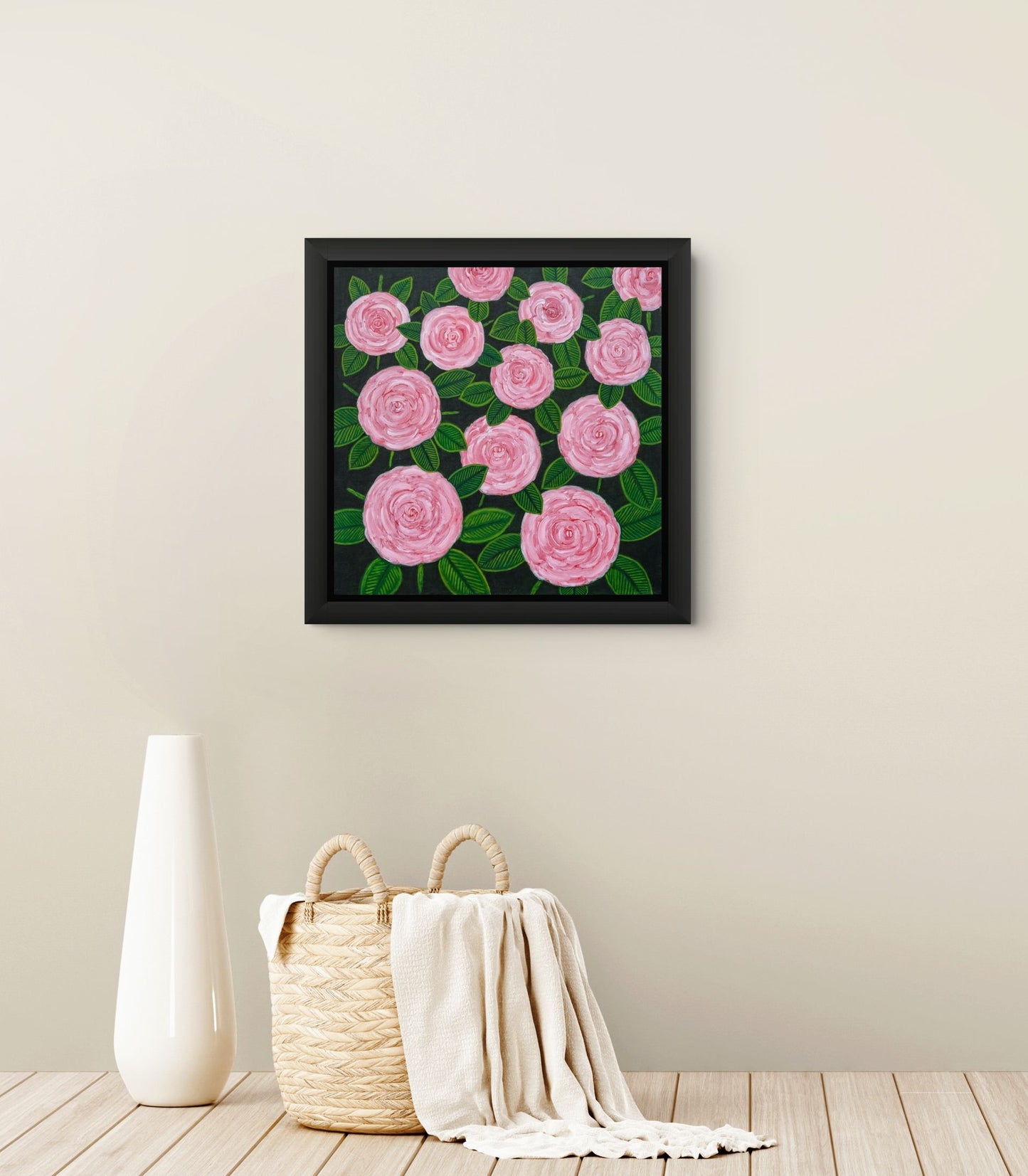 Éclat de Roses canvas print by Nelleke Bruno featuring elegant soft pink roses against a deep black background.