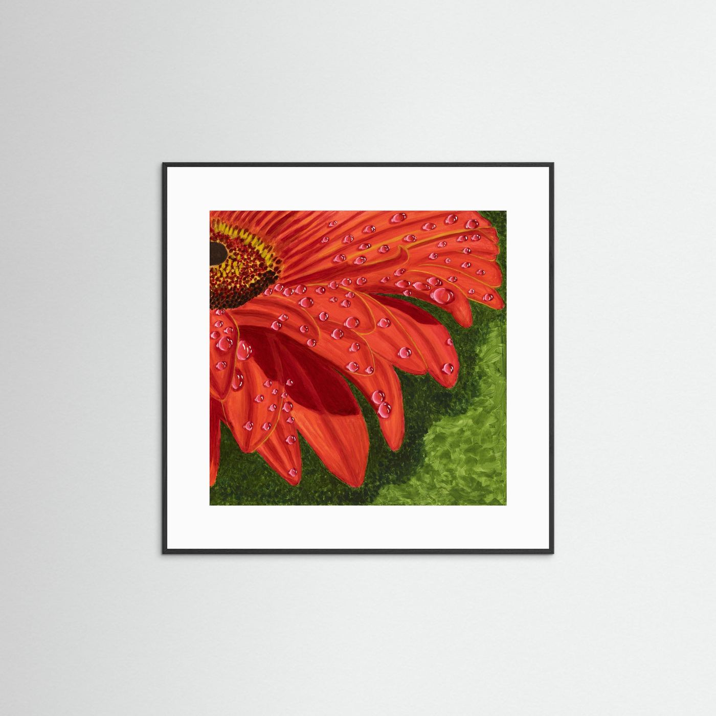 Éclat des Gerberas botanical fine art print by Nelleke Bruno in a black frame with a white mat board, highlighting expressive gerbera flowers in rich, vibrant colours.