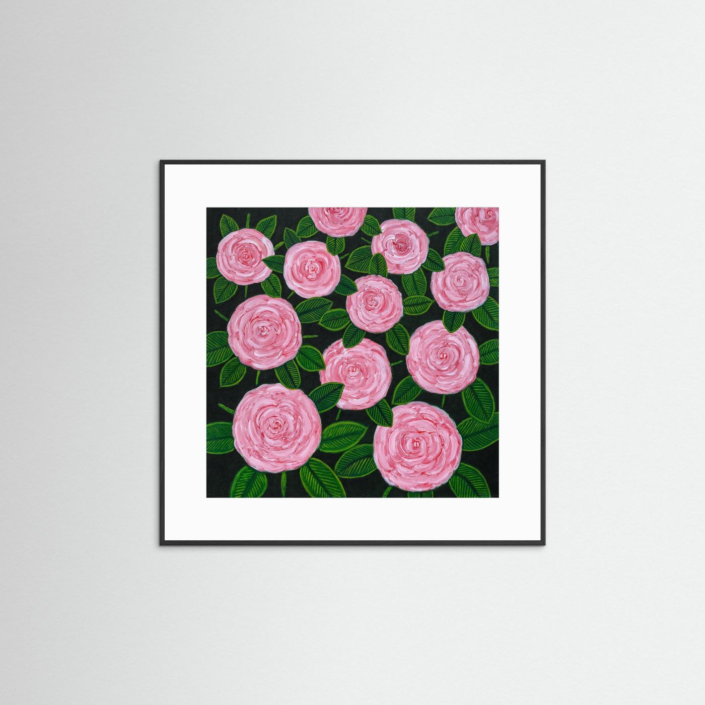 Éclat des Roses fine art print by Nelleke Bruno in a black frame with a white passe-partout, showcasing vibrant pink and red roses in an expressive floral composition.