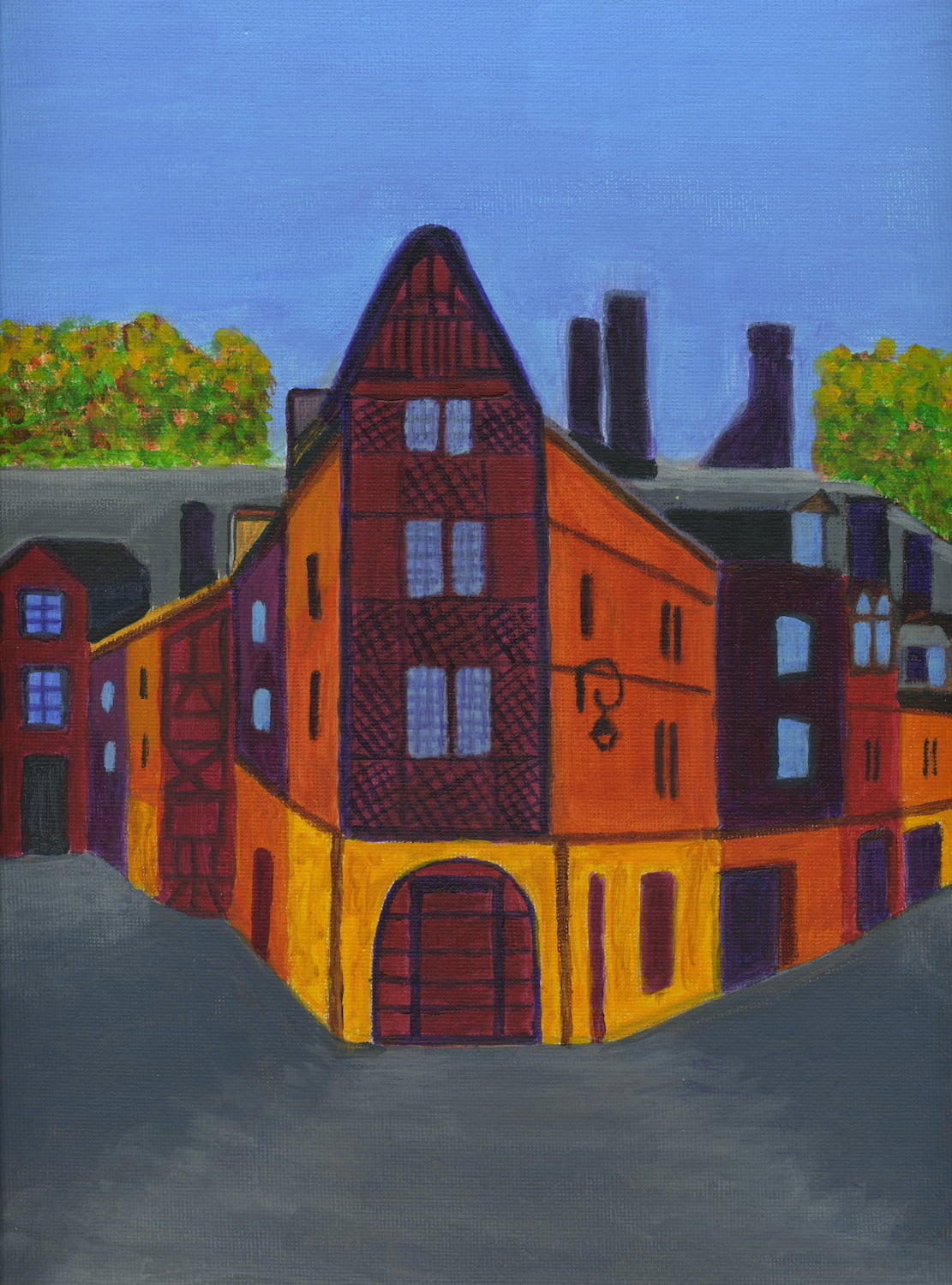 Original acrylic painting of a medieval half-timbered house in Orléans, France, A4 size in colors blue, orange and yellow on canvas