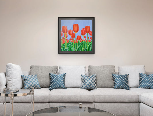 Éclat des Tulipes fine art print with black frame and black pass partout displayed in a modern living room interior.