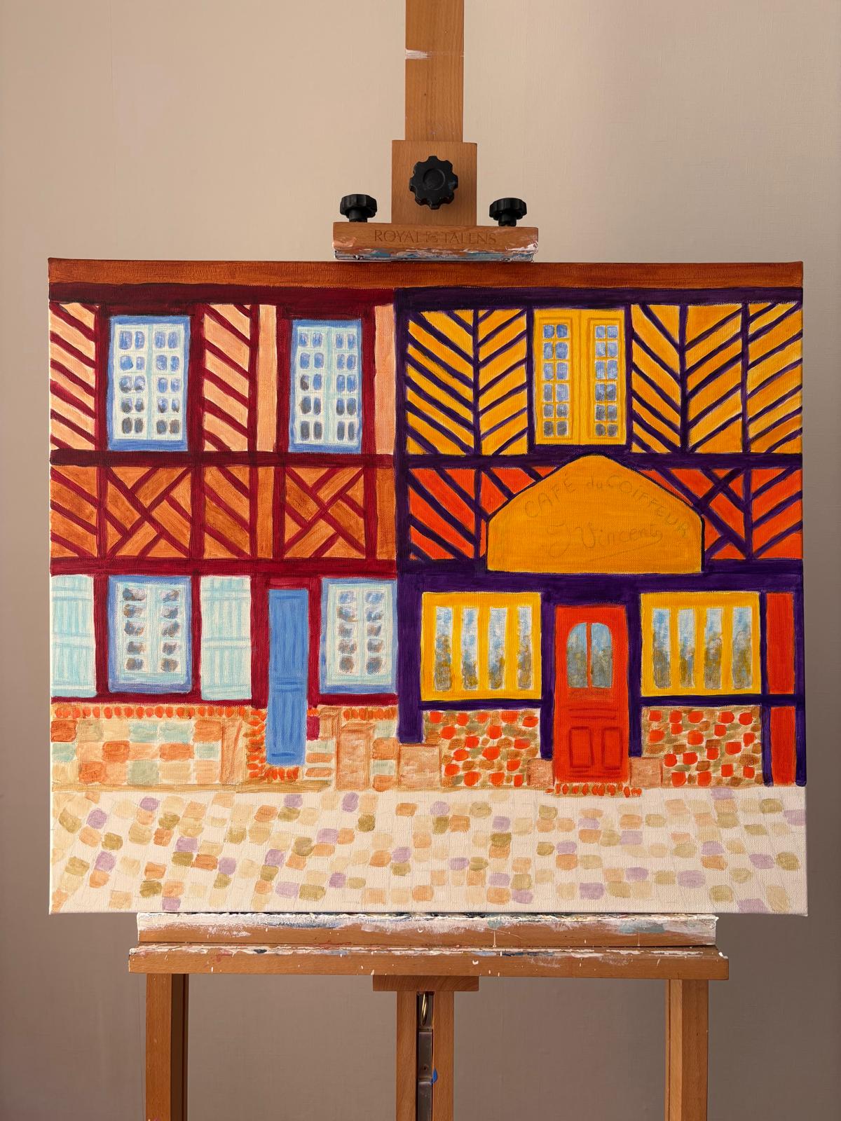 Le Café du Coiffeur original painting displayed in a contemporary interior