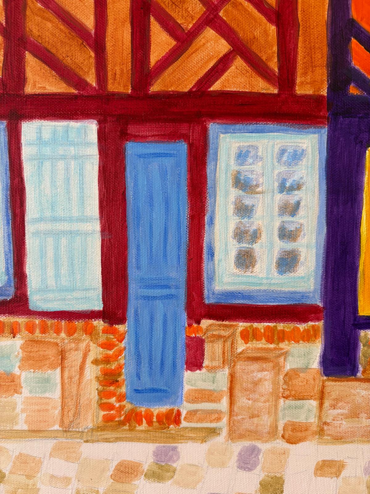 Detail of Le Café du Coiffeur original painting, inspired by Beuvron-en-Auge in Normandy