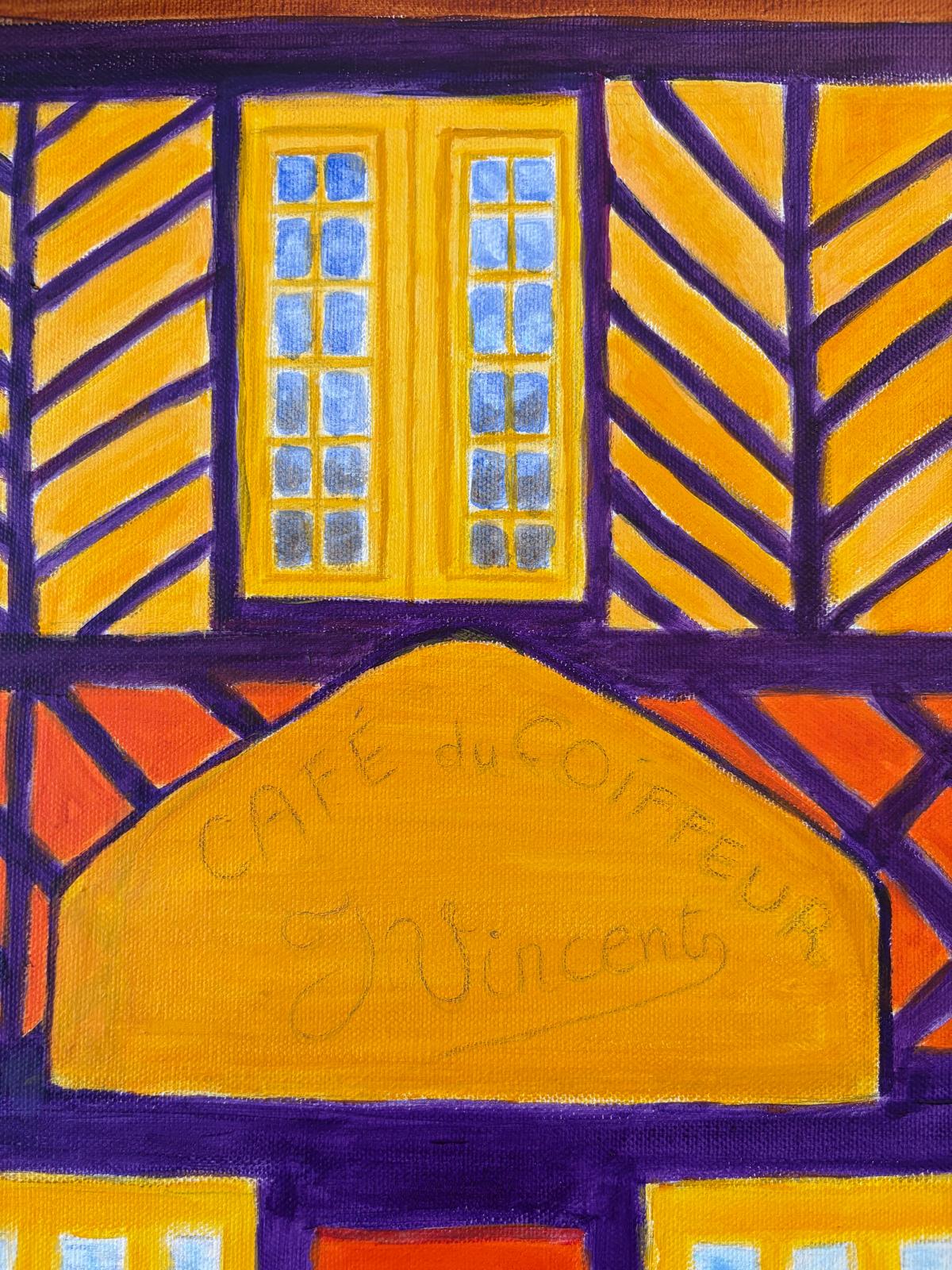 Close-up of Le Café du Coiffeur by Nelleke Bruno, original painting of Beuvron-en-Auge, Normandy