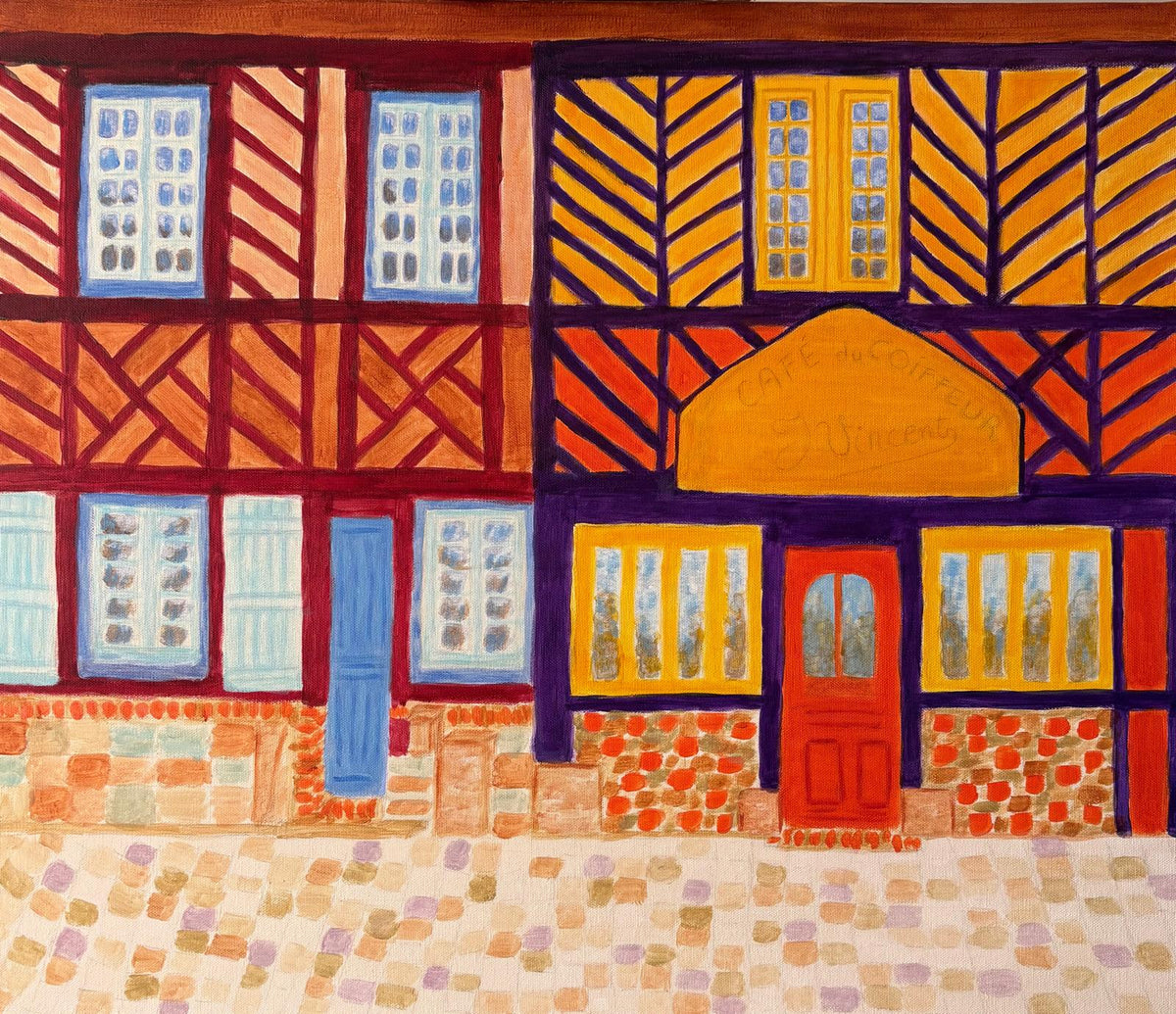 Le Café du Coiffeur original painting by Nelleke Bruno, Beuvron-en-Auge, Normandy, France