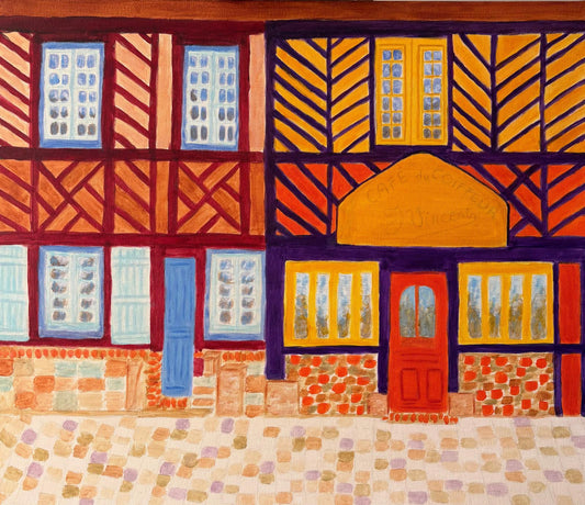 Le Café du Coiffeur original painting by Nelleke Bruno, Beuvron-en-Auge, Normandy, France