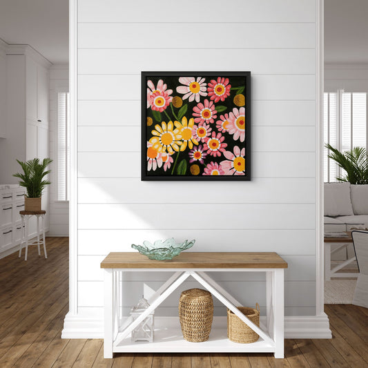 Éclat des Marguerites canvas print by Nelleke Bruno displayed in a styled interior setting