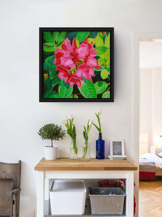 Éclat de Rhododendron canvas print by Nelleke Bruno displayed in a styled interior setting.