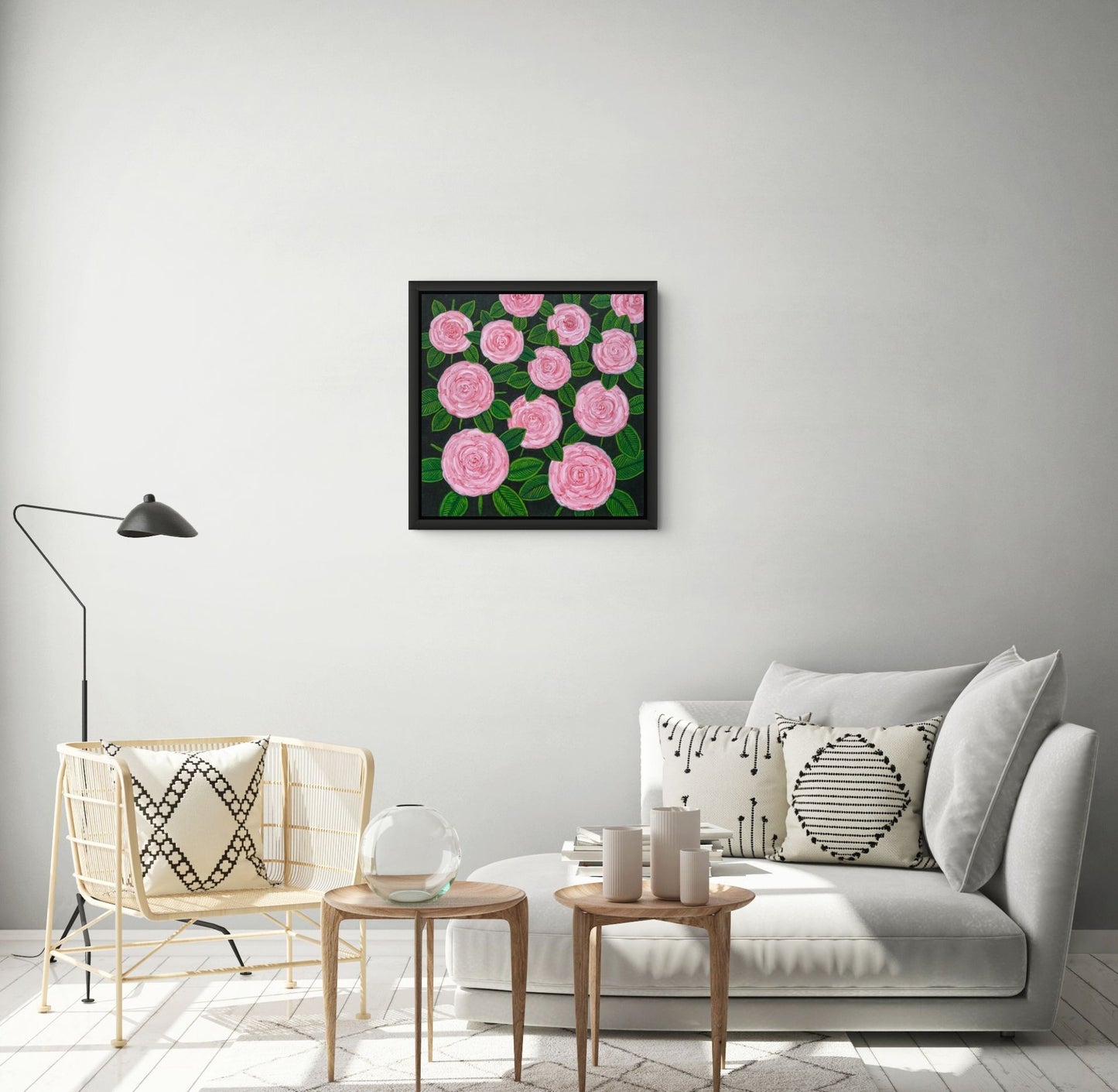 Éclat des Roses canvas print by Nelleke Bruno displayed in a styled interior setting