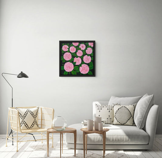 Éclat des Roses canvas print by Nelleke Bruno displayed in a styled interior setting