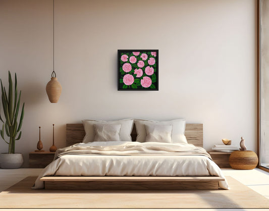 Éclat des Roses canvas print by Nelleke Bruno — side view showing black frame and canvas depth