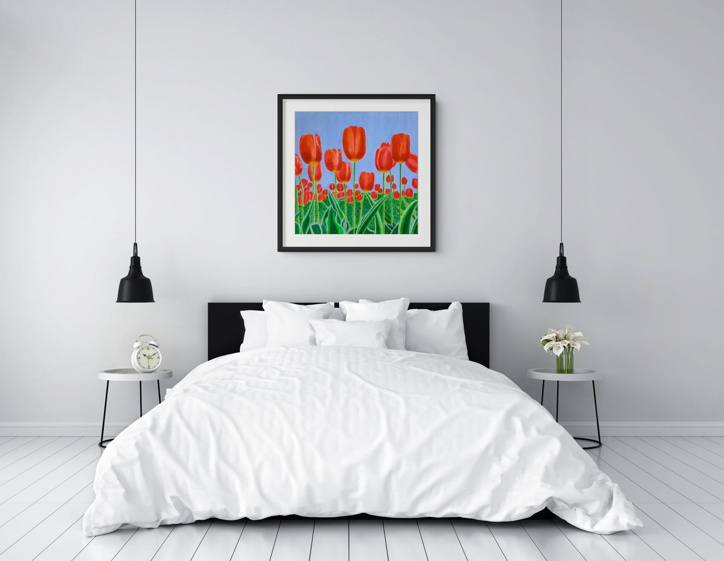 Éclat des Tulipes floral wall art displayed in a bright bedroom interior