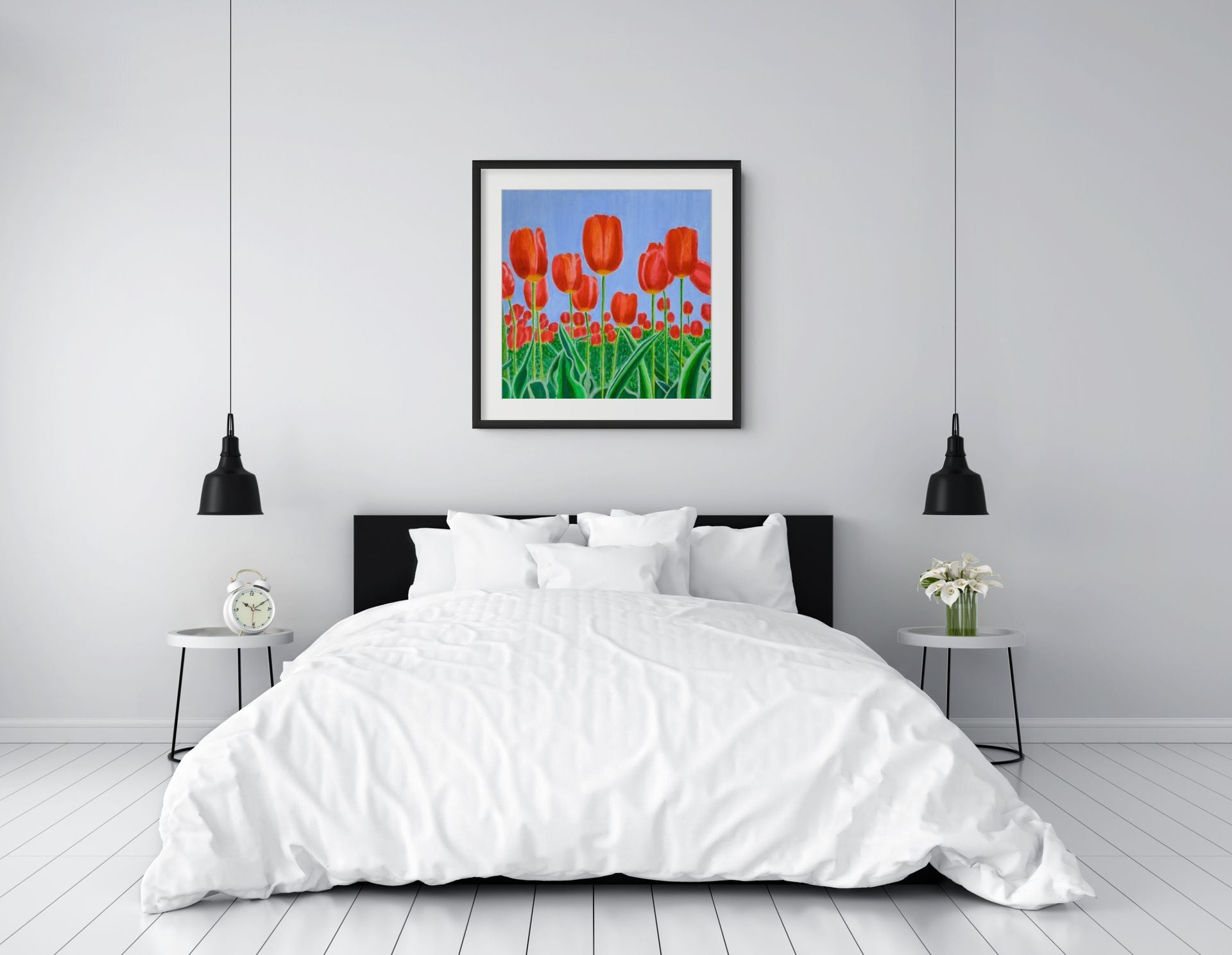 Éclat des Tulipes floral wall art displayed in a bright bedroom interior