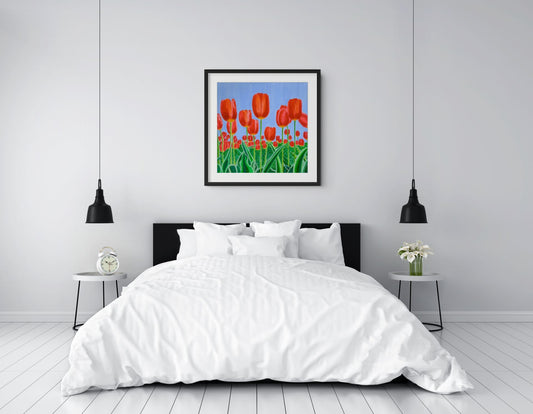 Éclat des Tulipes floral wall art displayed in a bright bedroom interior