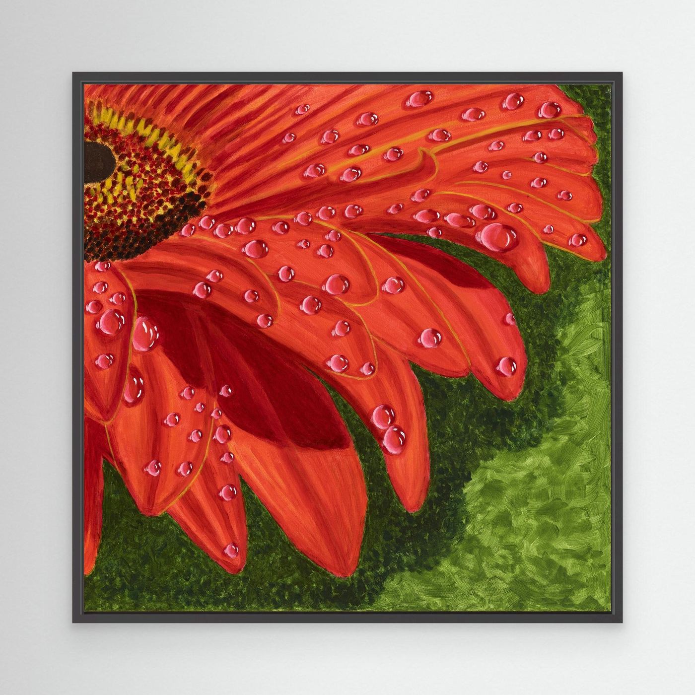 Éclat de Gerbera canvas print by Nelleke Bruno shown as a close-up artwork with vibrant red petals and expressive brushstrokes.