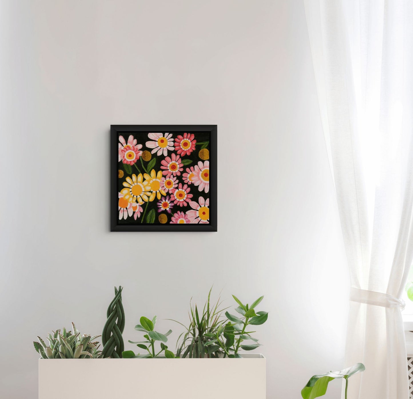 Éclat de Marguerites canvas print by Nelleke Bruno featuring cheerful pink and yellow marguerites against a deep black background.