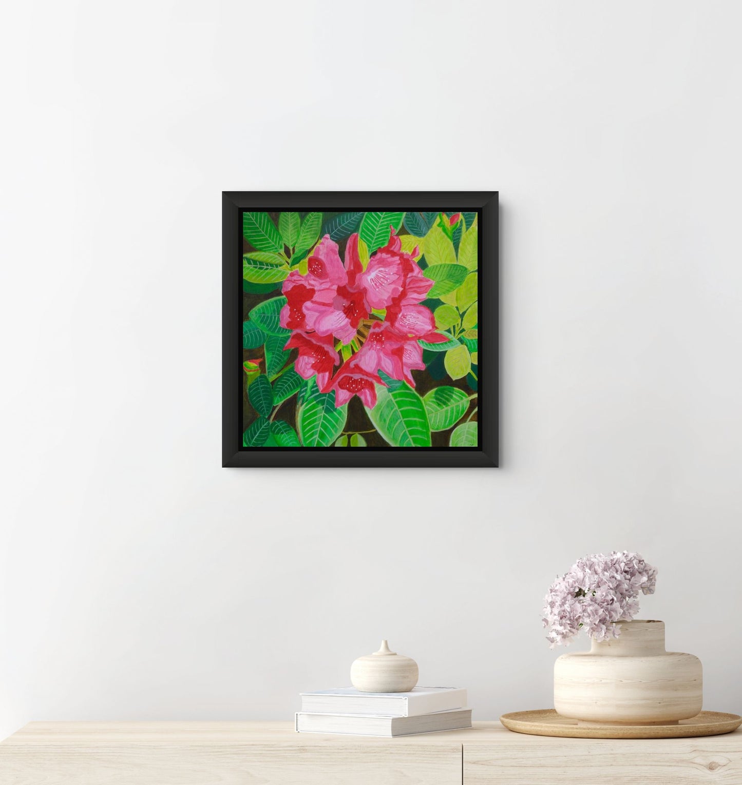 Éclat de Rhododendron canvas print by Nelleke Bruno featuring vibrant pink rhododendron blossoms surrounded by lush green foliage.