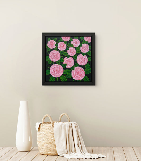 Éclat de Roses canvas print by Nelleke Bruno featuring elegant soft pink roses against a deep black background.