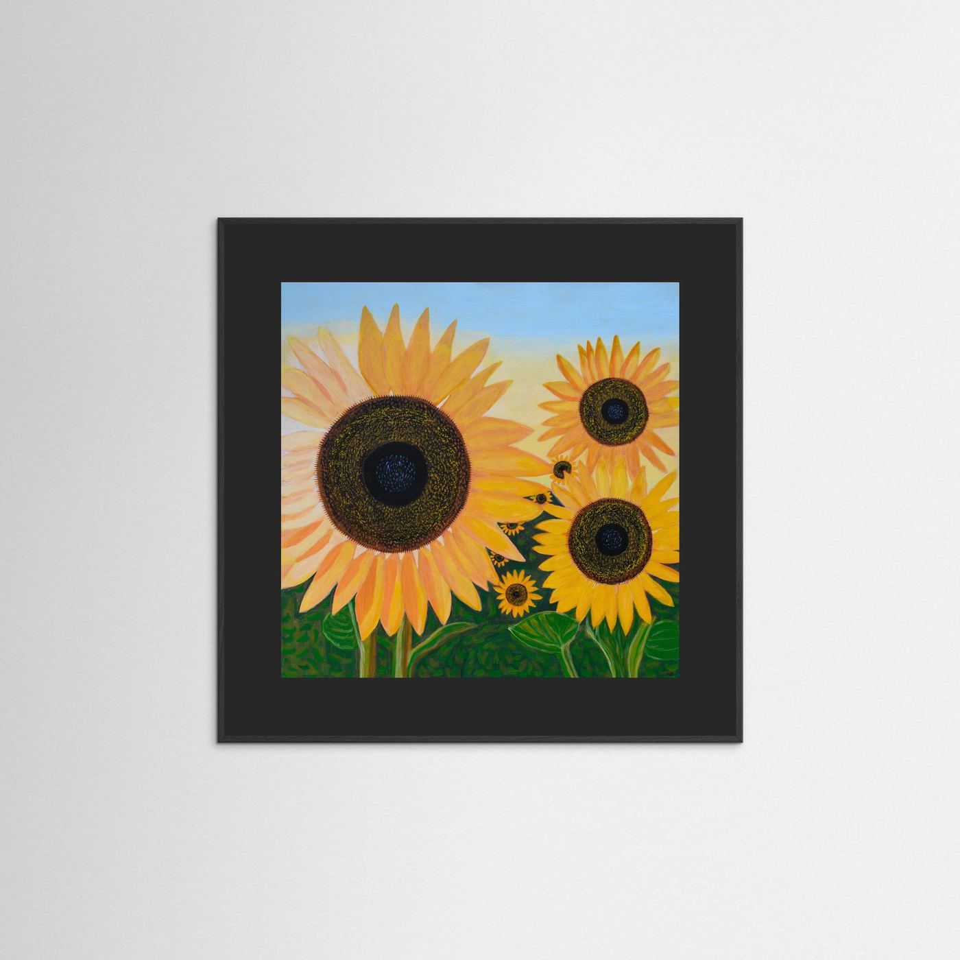 Éclat de Tournesol fine art print in a black frame with a black pass partout, creating a bold contemporary presentation that enhances the vivid colours of the sunflower artwork.