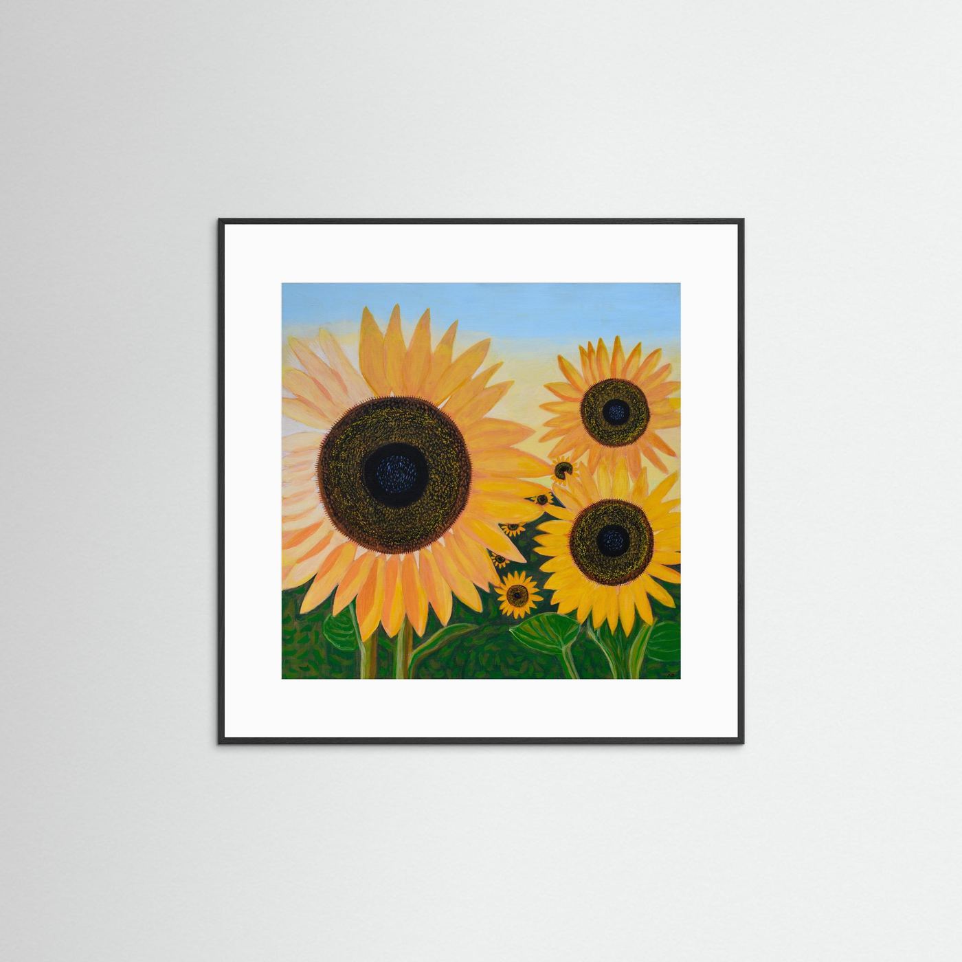 Éclat de Tournesol fine art print presented in a black frame with a white mat, highlighting the expressive sunflower painting with a timeless gallery-style finish.