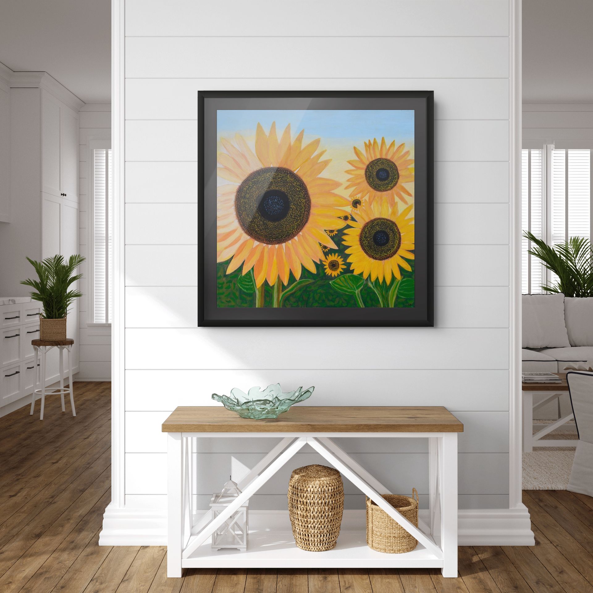Éclat de Tournesol fine art print styled in an elegant boudoir with a white wall, creating a bright and sophisticated interior with vibrant sunflower artwork.