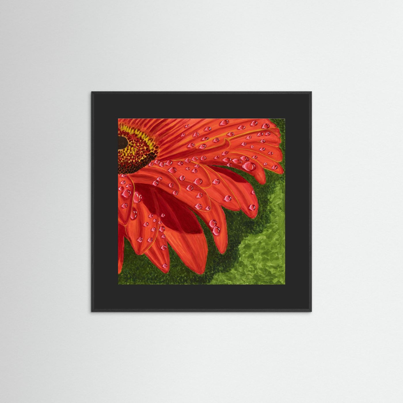 Éclat des Gerberas floral artwork by Nelleke Bruno in a black frame with a black mat board, featuring vivid gerbera flowers with a bold contemporary presentation.