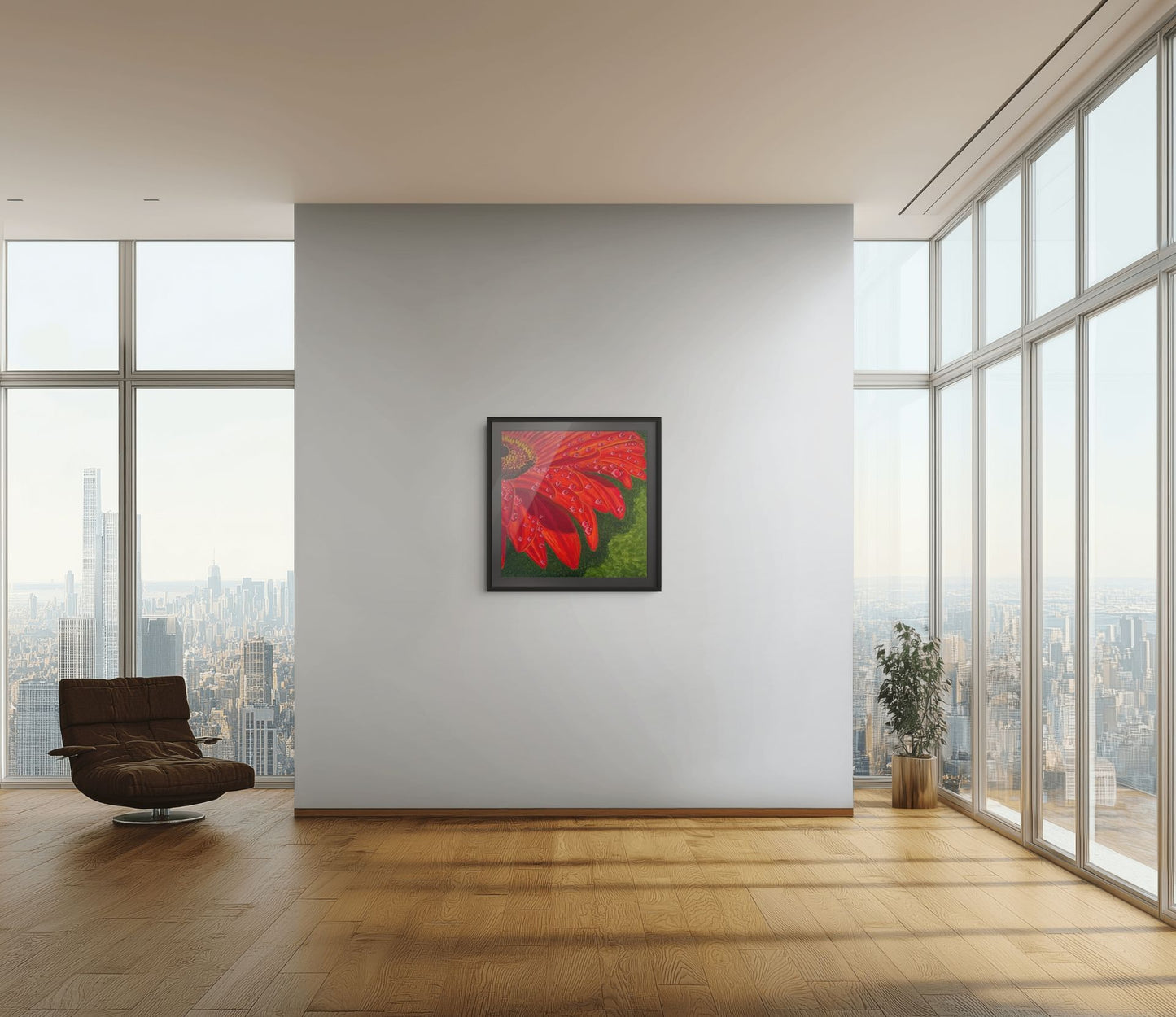 Éclat des Gerberas floral wall art by Nelleke Bruno presented on a large white wall with a black frame and black mat board, creating a striking modern statement with vibrant gerbera flowers.