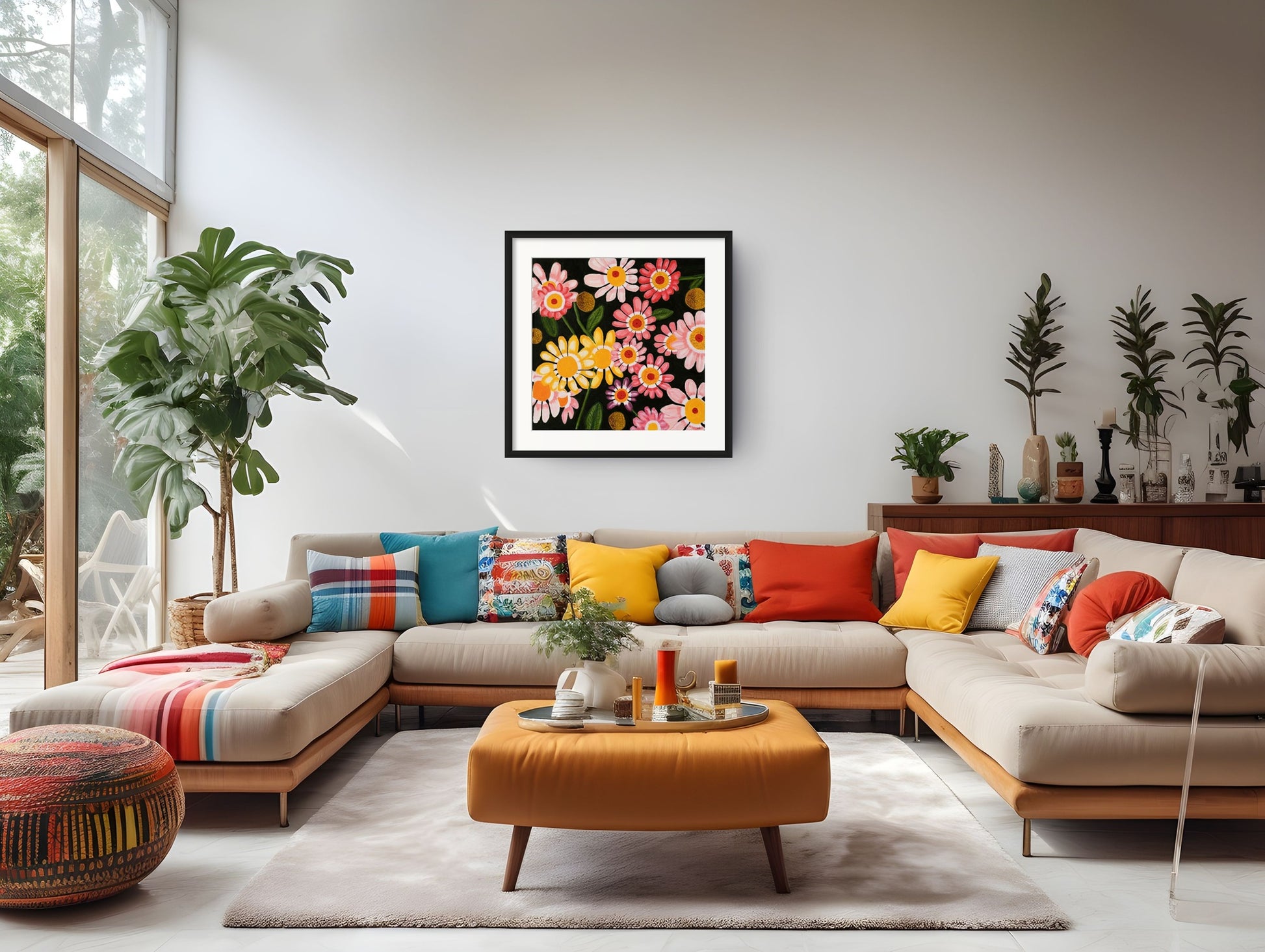 Éclat des Marguerites floral fine art print by Nelleke Bruno displayed in a stylish living room with a colourful sofa, black frame and white passe-partout.