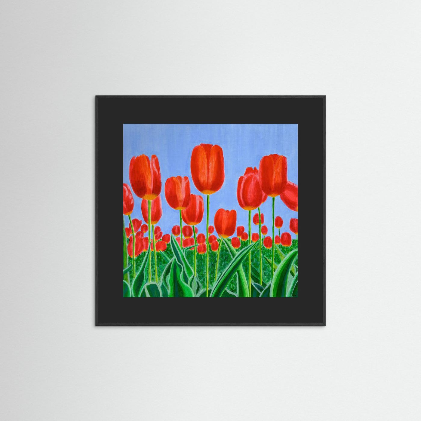 Eclat des Tulipes – colourful tulip artwork inspired by the beauty of spring, fine art print with black pass partout by Dutch artist Nelleke Bruno.
