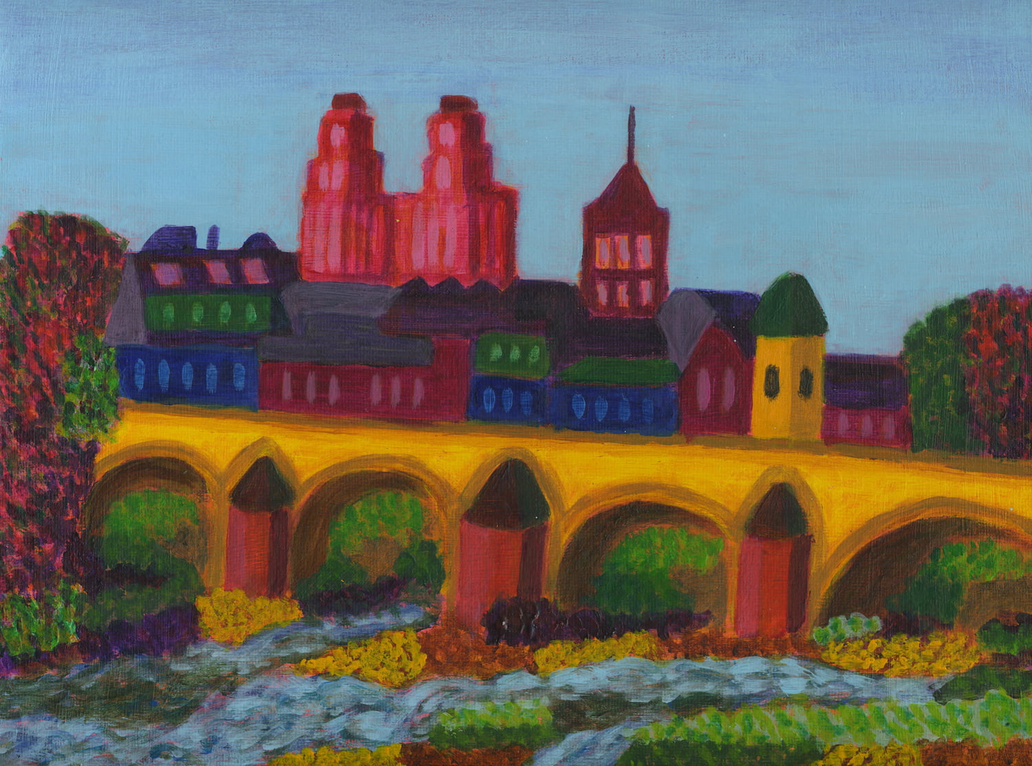 Original acrylic painting of Bridge of Orléans and Pont George V over the Loire River, A4 size in colors red, blue and yellow on canvas
