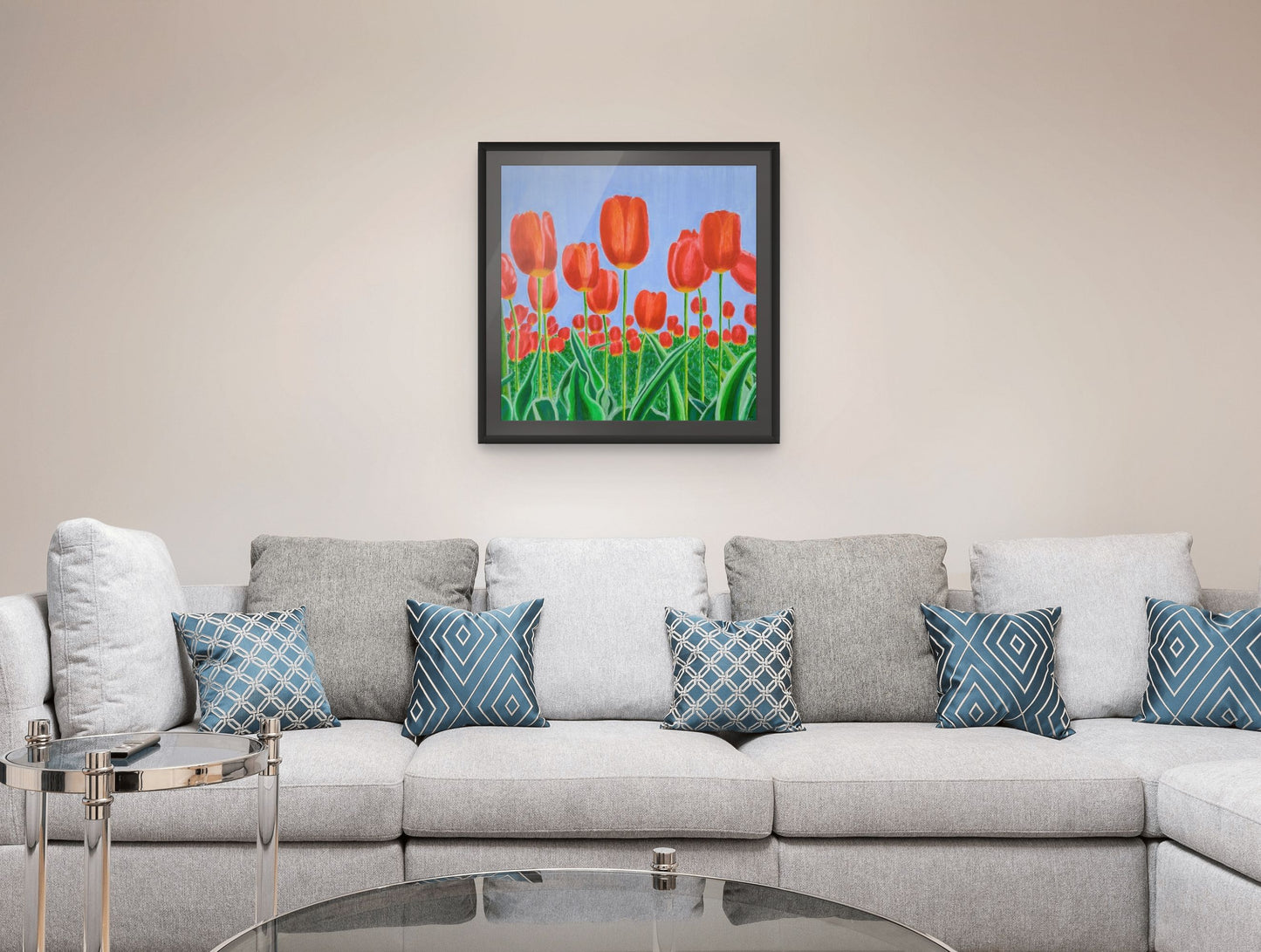 Éclat des Tulipes fine art print with black frame and black pass partout displayed in a modern living room interior.